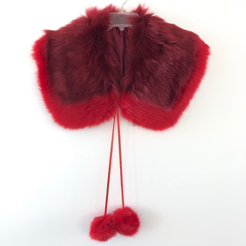 BP. Faux Fur Two-Tone Collar Featuring Pom Pom Ties in Red Burgundy One Size
